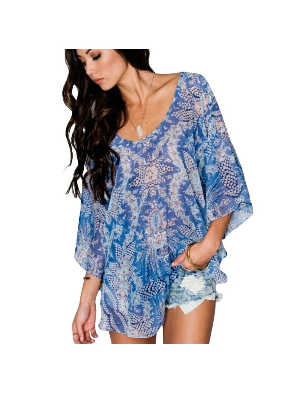 Show Me Your Mumu Floral Flowy Batwing "Moon" Tunic Top Blue/White Size X-Small‎